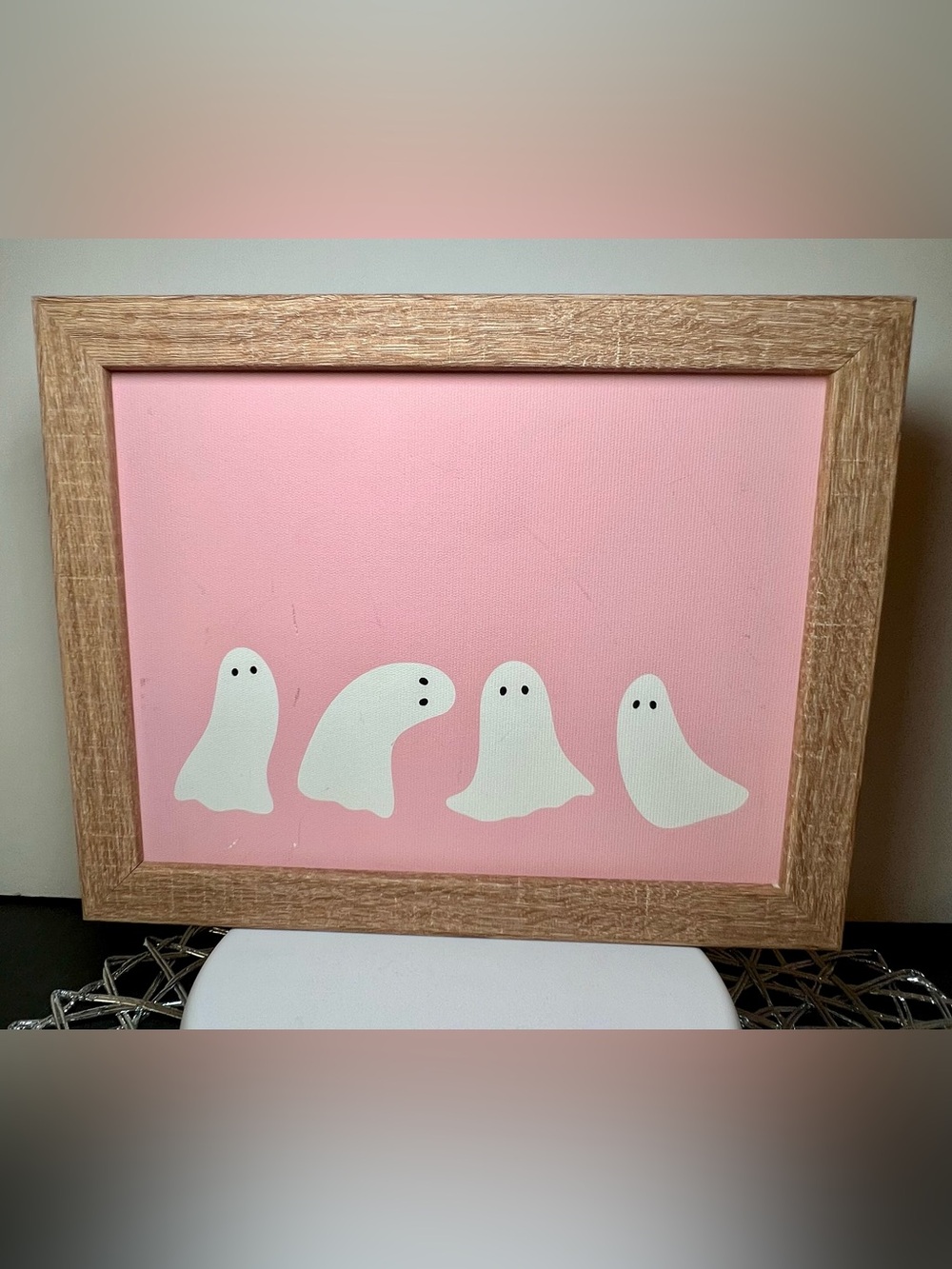 Halloween Cute White Ghosts Wooden Box Decor Sign Pink Background